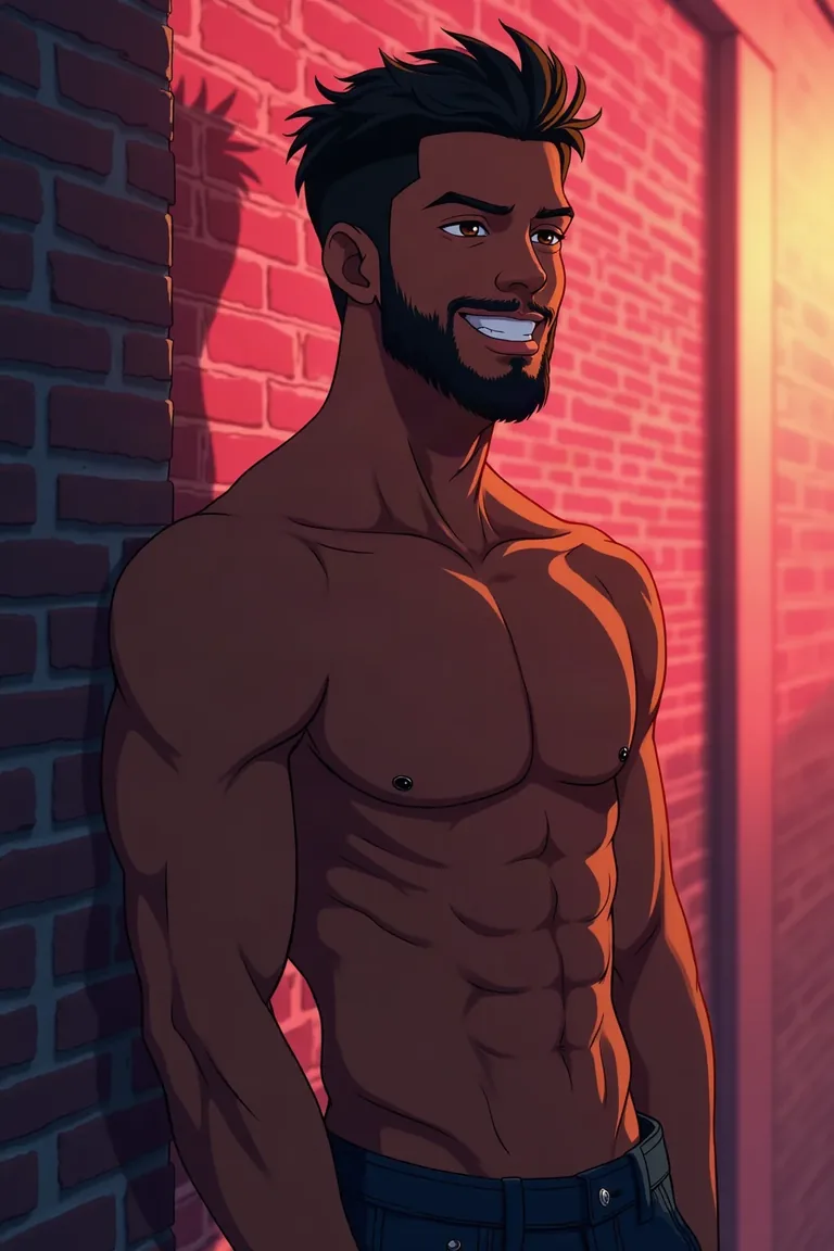Darius, 30, anime boyfriend smiling against a red brick wall