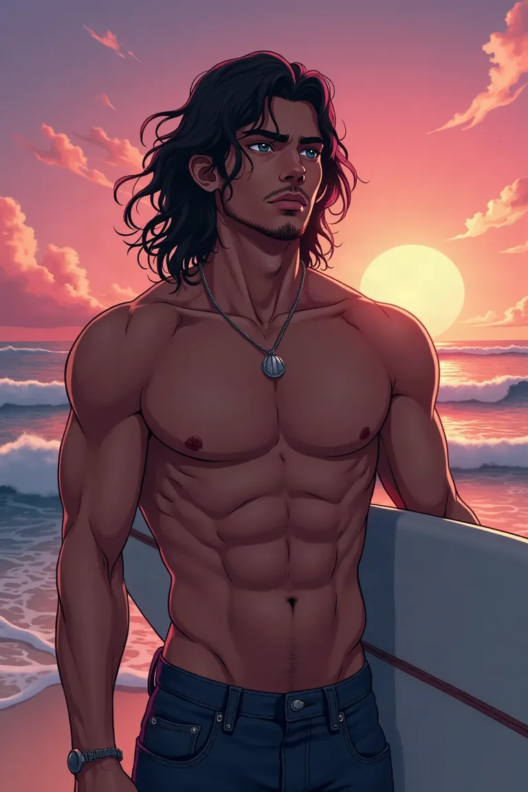 Diego, 27, anime surfer with long dark hair on a Malibu beach at sunset