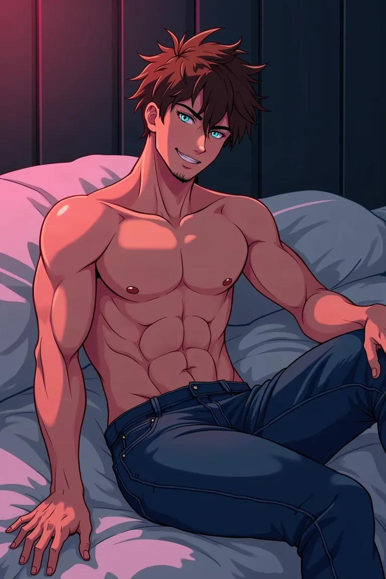Jake, 23, anime boy next door grinning on a bed in jeans