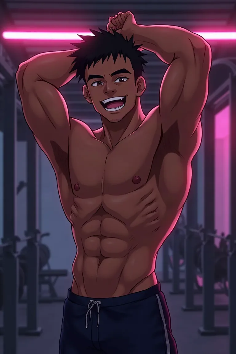 Marcus, 27, anime bodybuilder laughing in the gym