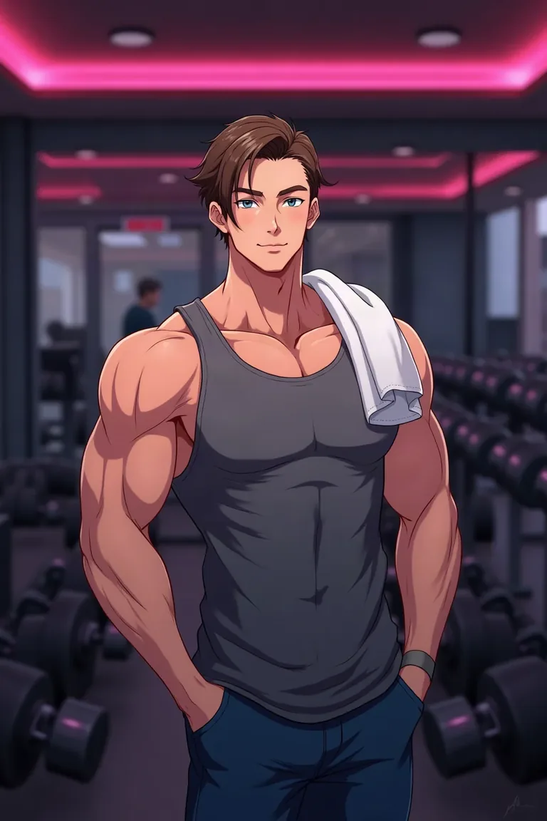 Tyler, 25, anime personal trainer in a grey gym tank top