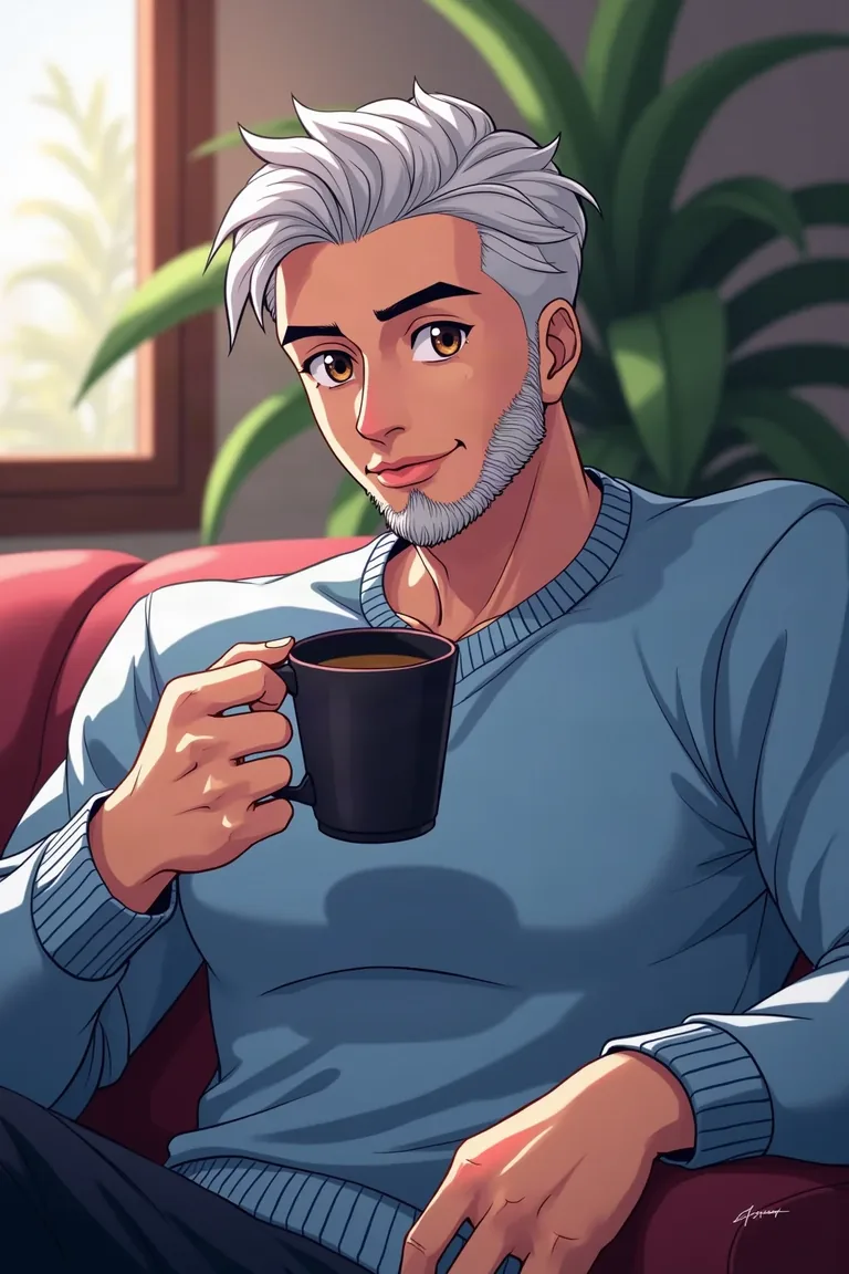 Vincent, 48, anime silver fox in a blue sweater holding a coffee mug